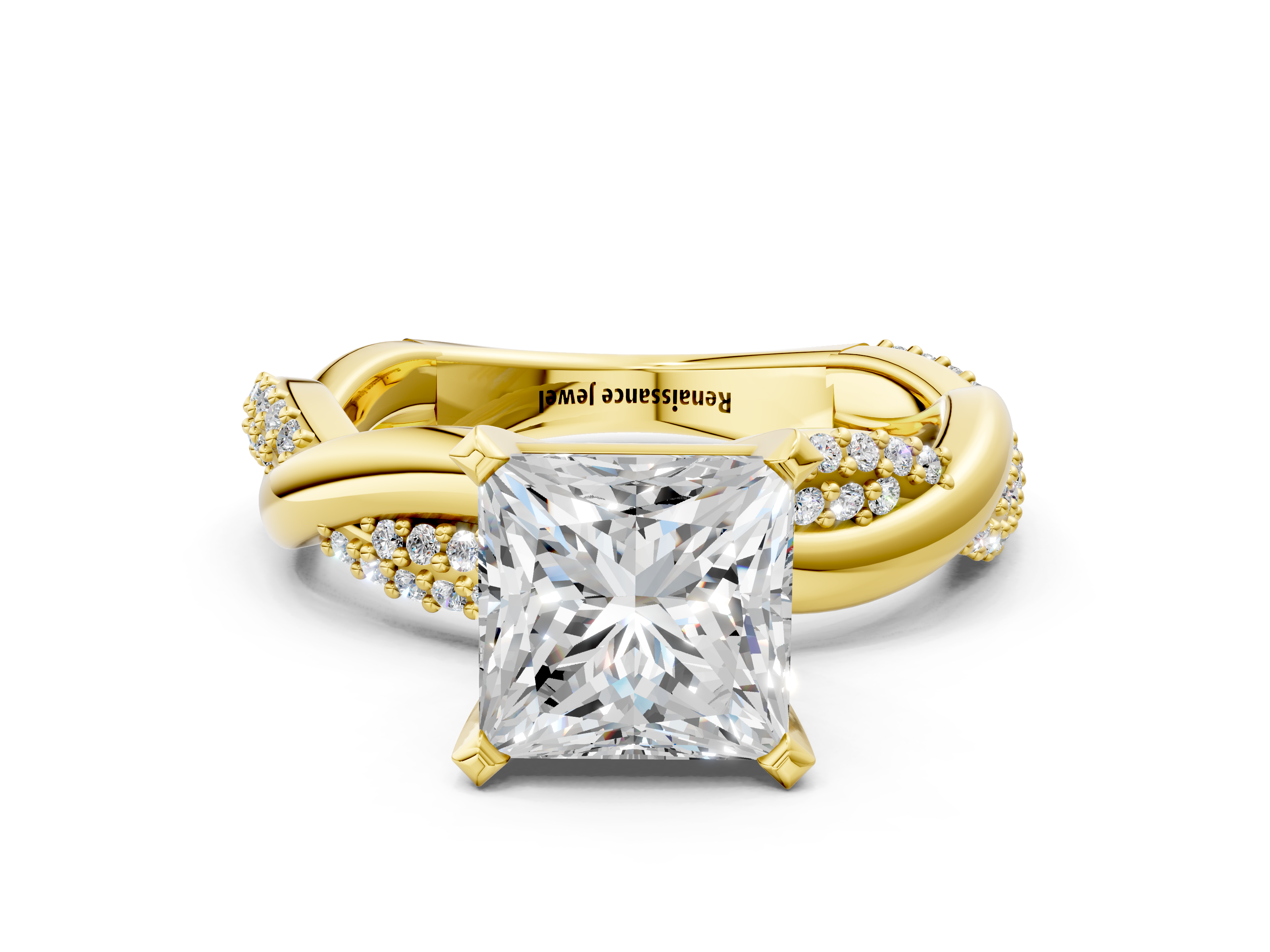 Yellow gold Princess Solitaire Twist Band with Pave Prong Setting_36