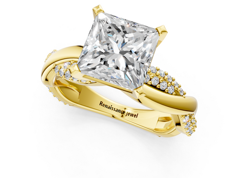 Yellow gold Princess Solitaire Twist Band with Pave Prong Setting_37