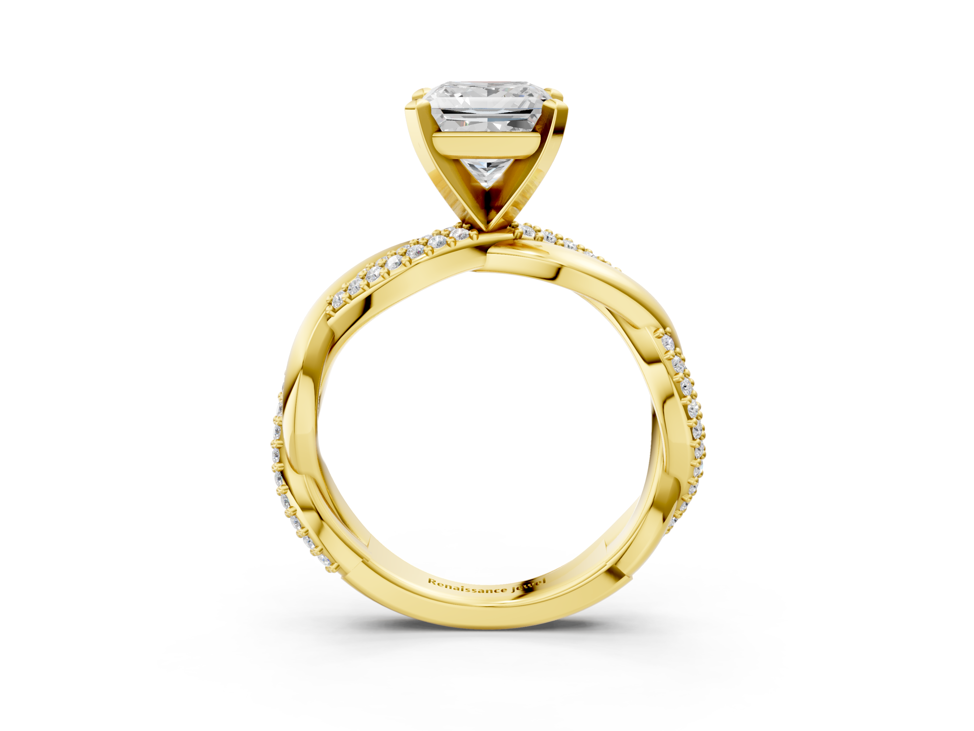 Yellow gold Princess Solitaire Twist Band with Pave Prong Setting_39