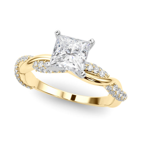 Yellow gold Princess Solitaire Twist Band with Pave Prong Setting