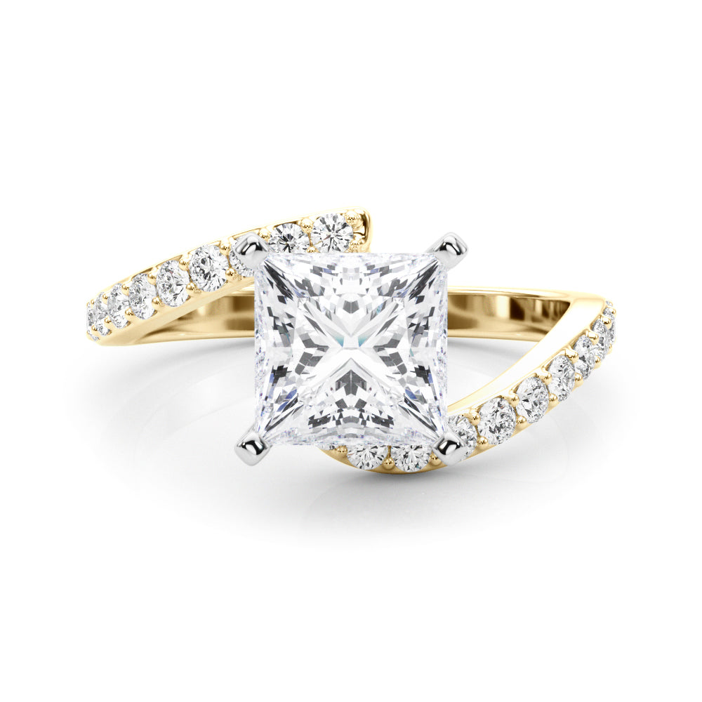 Yellow gold Princess Solitaire Twist Band with Pave Set Diamonds and Four-Prong Setting 1