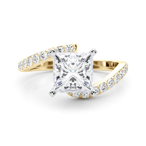 Yellow gold Princess Solitaire Twist Band with Pave Set Diamonds and Four-Prong Setting 1
