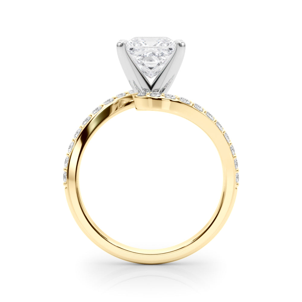 Yellow gold Princess Solitaire Twist Band with Pave Set Diamonds and Four-Prong Setting 2