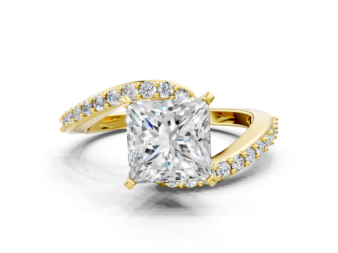 Yellow gold Princess Solitaire Twist Band with Pave Set Diamonds and Four-Prong Setting_117