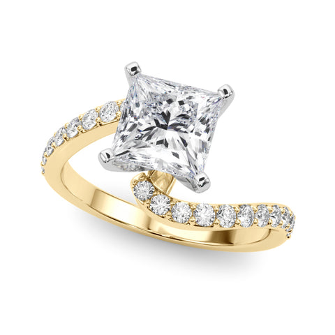 Yellow gold Princess Solitaire Twist Band with Pave Set Diamonds and Four-Prong Setting