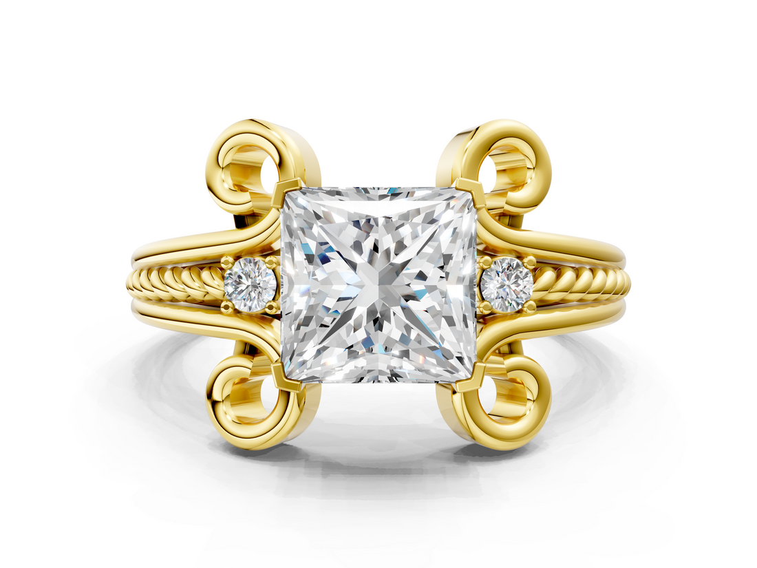 Yellow gold Princess Solitaire Twisted Band Scroll Prong Ring_3