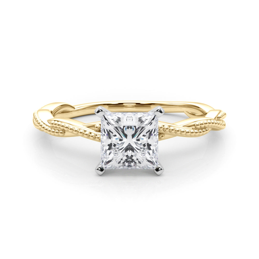 Yellow gold Princess Solitaire Twisted Band with Bead Prong Setting 1
