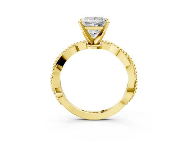 Yellow Gold Princess Cut Solitaire Engagement Ring Setting with Beaded Twist Band and Basket Head