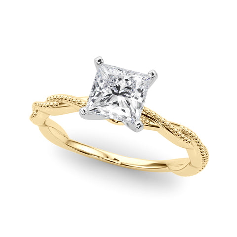 Yellow gold Princess Solitaire Twisted Band with Bead Prong Setting