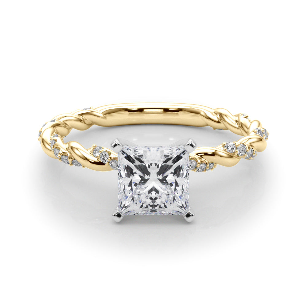 Yellow gold Princess Solitaire Twisted Band with Pavé Accents and Four-Prong Setting 1