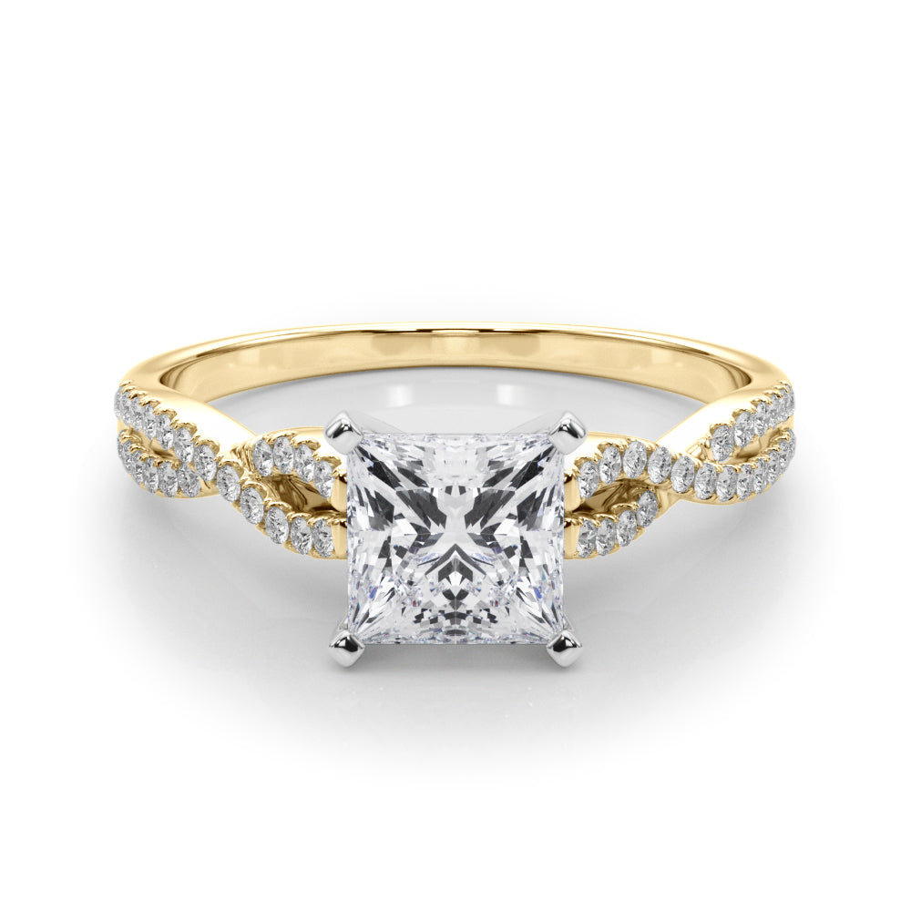 Yellow gold Princess Solitaire Twisted Pave Diamond Engagement Ring with Four-Prong Setting 1
