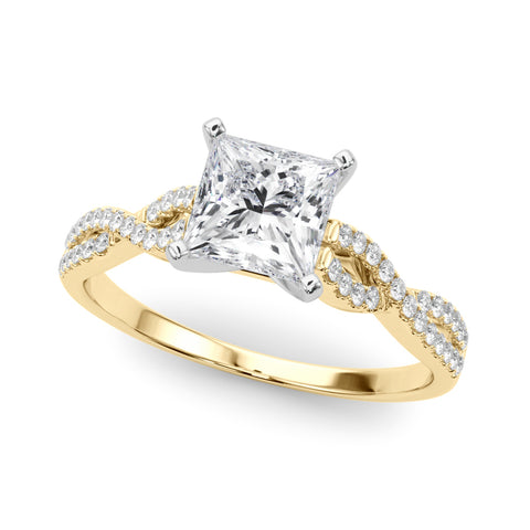 Yellow gold Princess Solitaire Twisted Pave Diamond Engagement Ring with Four-Prong Setting