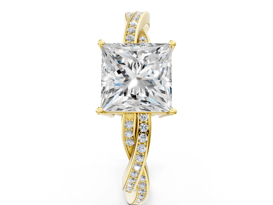Yellow gold Princess Solitaire Twisted Pave Diamond Ring with Four-Prong Setting_12