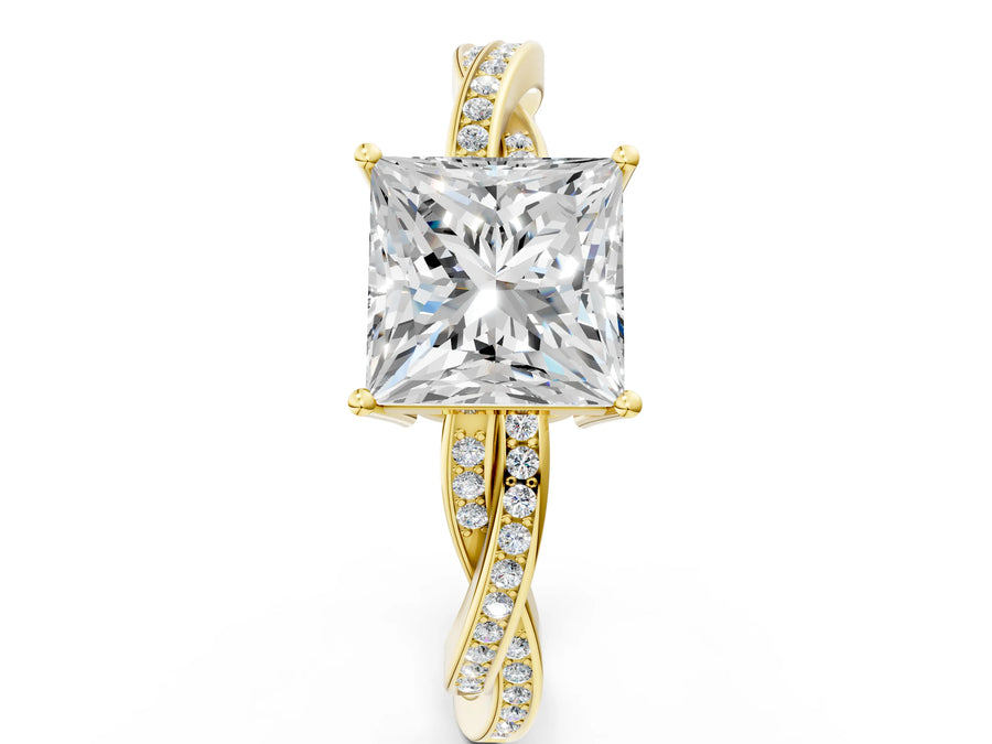 Yellow gold Princess Solitaire Twisted Pave Diamond Ring with Four-Prong Setting