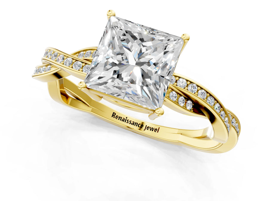 Yellow gold Princess Solitaire Twisted Pave Diamond Ring with Four-Prong Setting