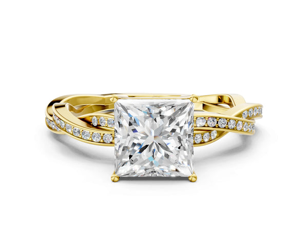 Yellow gold Princess Solitaire Twisted Pave Diamond Ring with Four-Prong Setting