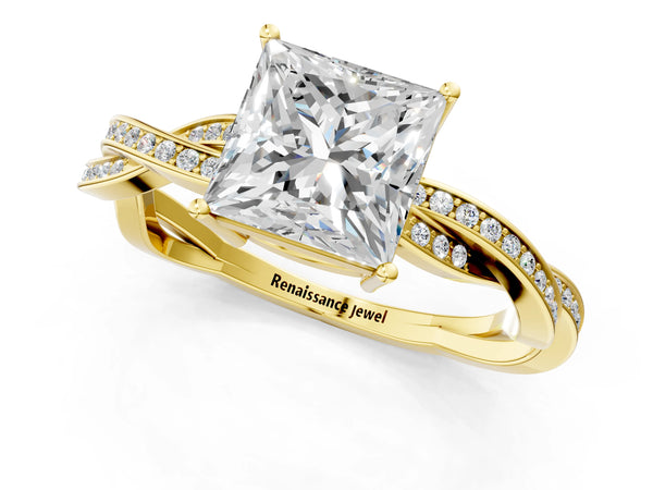 Yellow gold Princess Solitaire Twisted Pave Diamond Ring with Four-Prong Setting