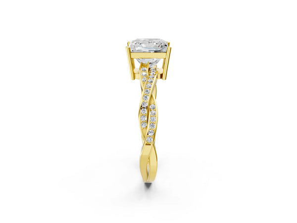Yellow gold Princess Solitaire Twisted Pave Diamond Ring with Four-Prong Setting