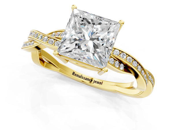 Yellow Gold Princess Cut Solitaire Engagement Ring Setting with Twisted Pave Band