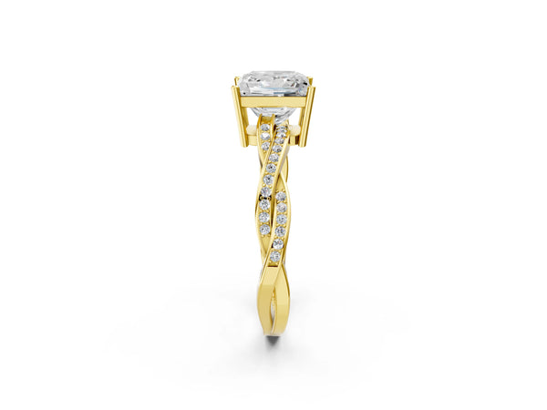 Yellow gold Princess Solitaire Twisted Pave Diamond Ring with Four-Prong Setting
