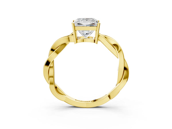 Yellow gold Princess Solitaire Twisted Pave Diamond Ring with Four-Prong Setting