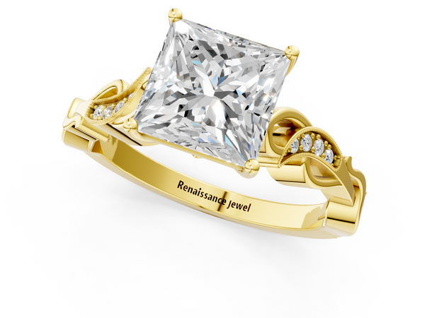 Yellow gold Princess Solitaire Vine Band with Milgrain Prong Setting