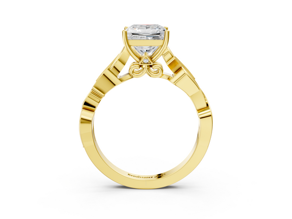 Yellow gold Princess Solitaire Vine Band with Milgrain Prong Setting