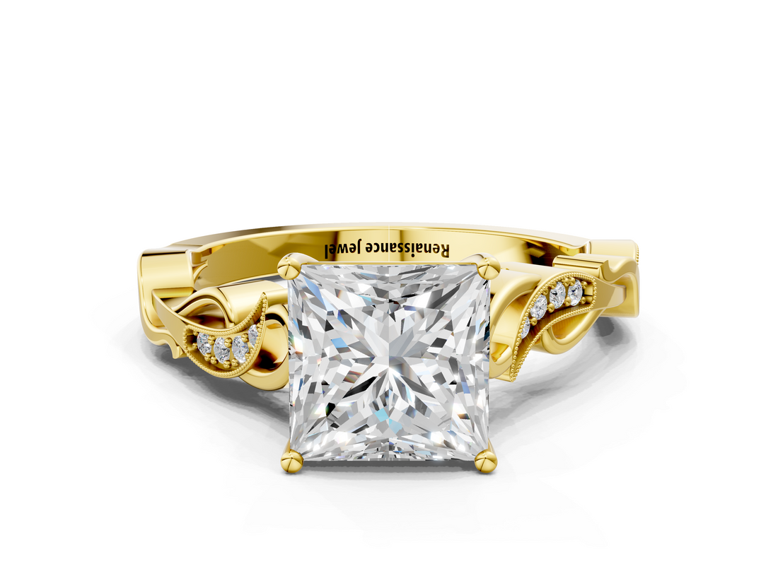 Yellow gold Princess Solitaire Vine Band with Milgrain Prong Setting_9
