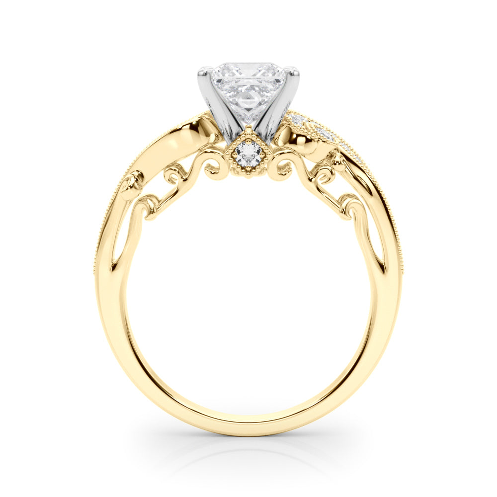 Yellow gold Princess Solitaire with Milgrain Pave Band and Four-Prong Setting 2