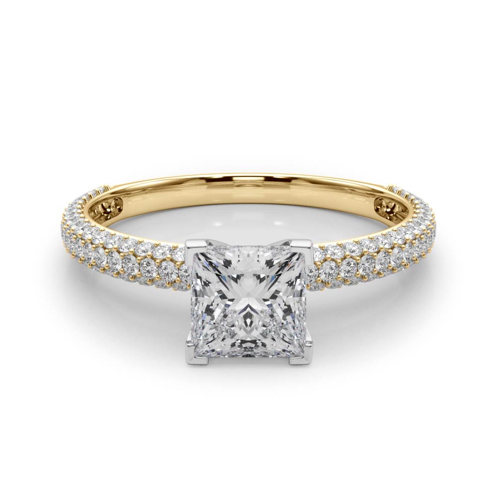 Yellow gold Princess Solitaire with Pave Band and Four-Prong Setting 1