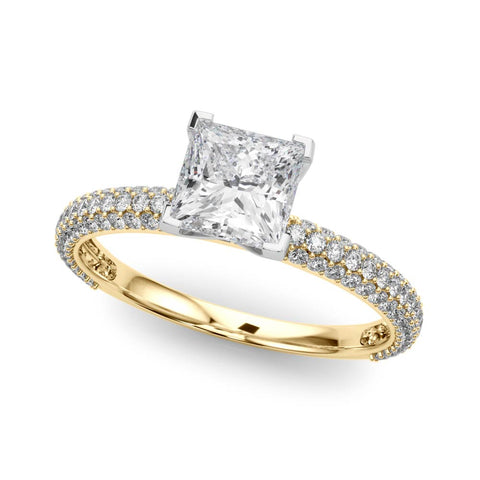 Yellow gold Princess Solitaire with Pave Band and Four-Prong Setting