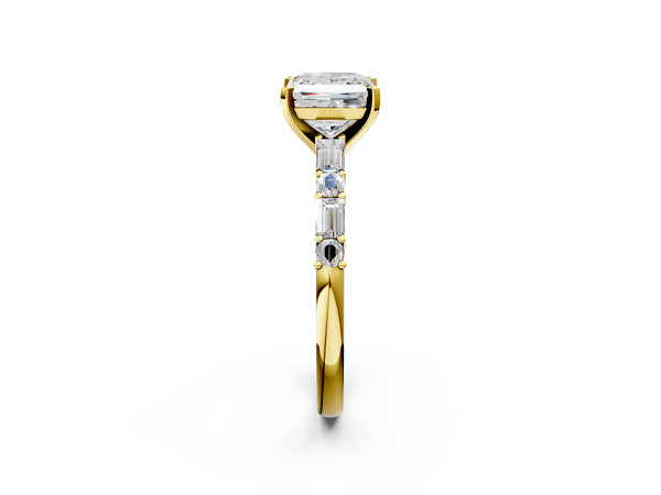 Yellow gold Princess Cut Diamond Solitaire with Side Baguettes and Channel Set Band