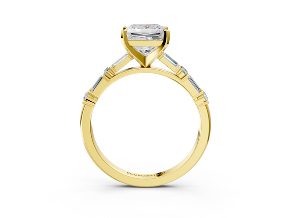 Yellow gold Princess Cut Diamond Solitaire with Side Baguettes and Channel Set Band