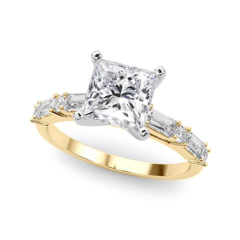 Yellow gold Princess Solitaire with Side Baguettes and Channel Set Band