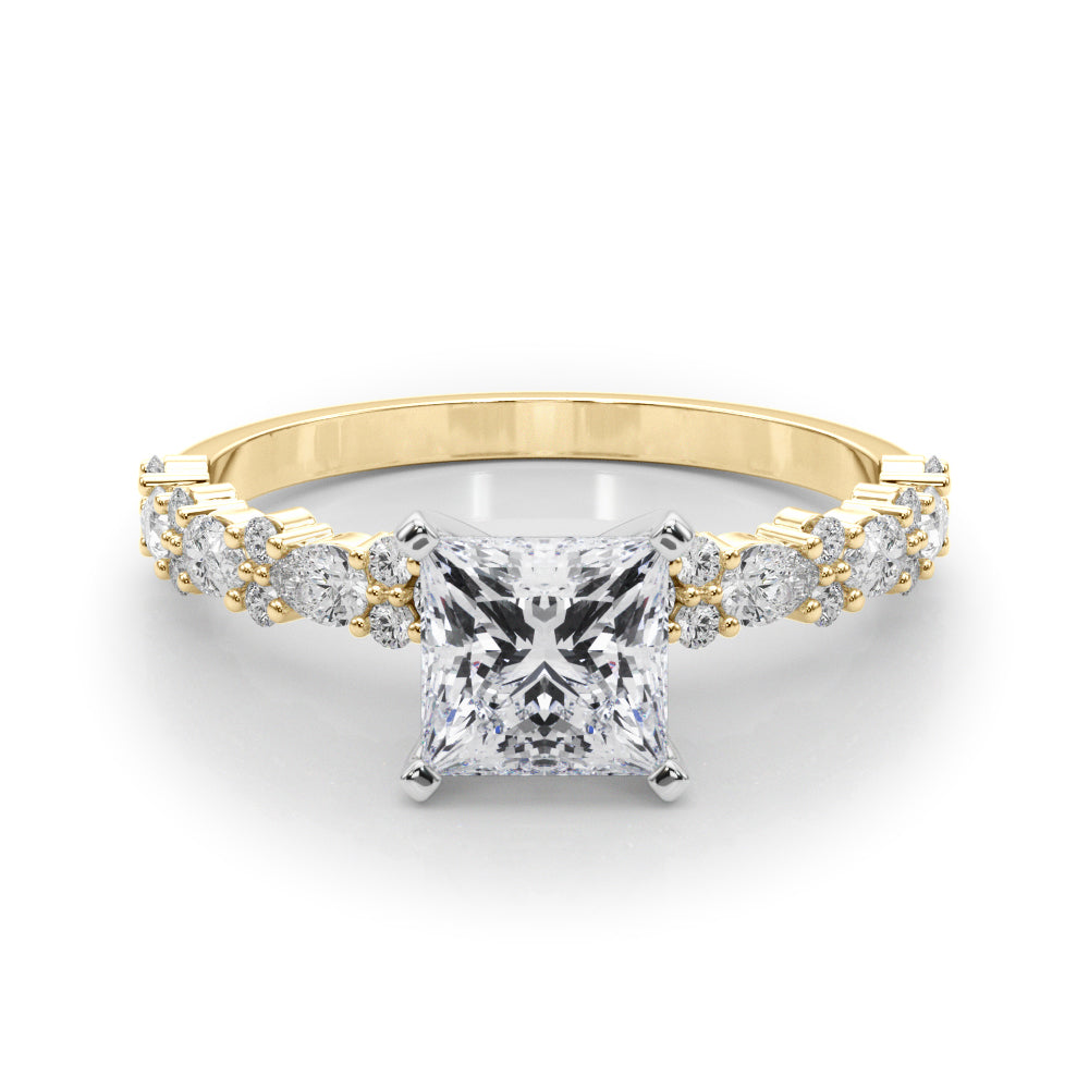 Yellow gold Princess Solitaire with Side Stones, Pave Band, Four-Prong Setting 1