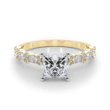 14K Yellow Gold 5.01 Carat E VVS2 Marquise Solitaire with Side Stones, Pave Band, Four-Prong Setting