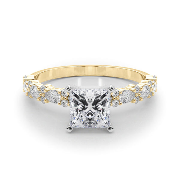 14K Yellow Gold 5.01 Carat E VVS2 Marquise Solitaire with Side Stones, Pave Band, Four-Prong Setting