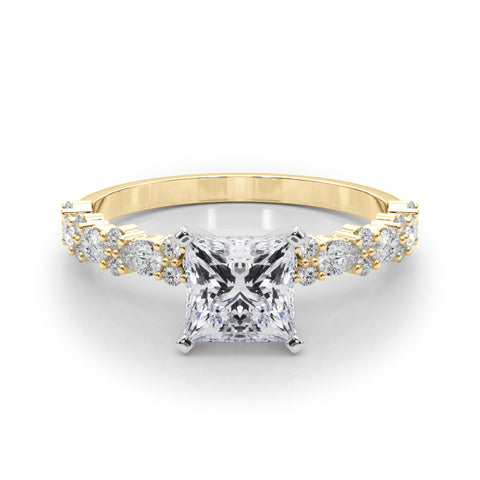 Yellow gold Princess Solitaire with Side Stones, Pave Band, Four-Prong Setting 1