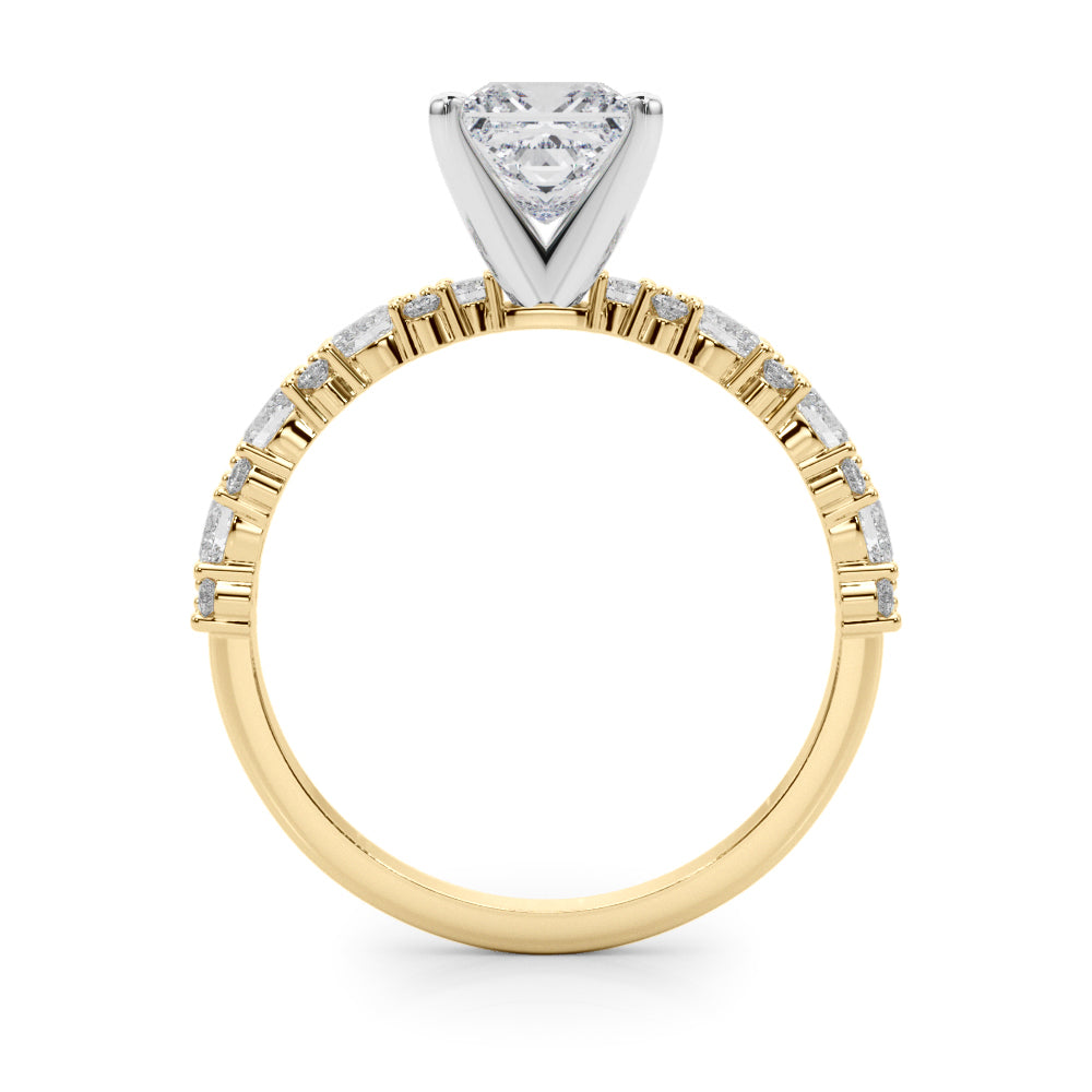 Yellow gold Princess Solitaire with Side Stones, Pave Band, Four-Prong Setting 2