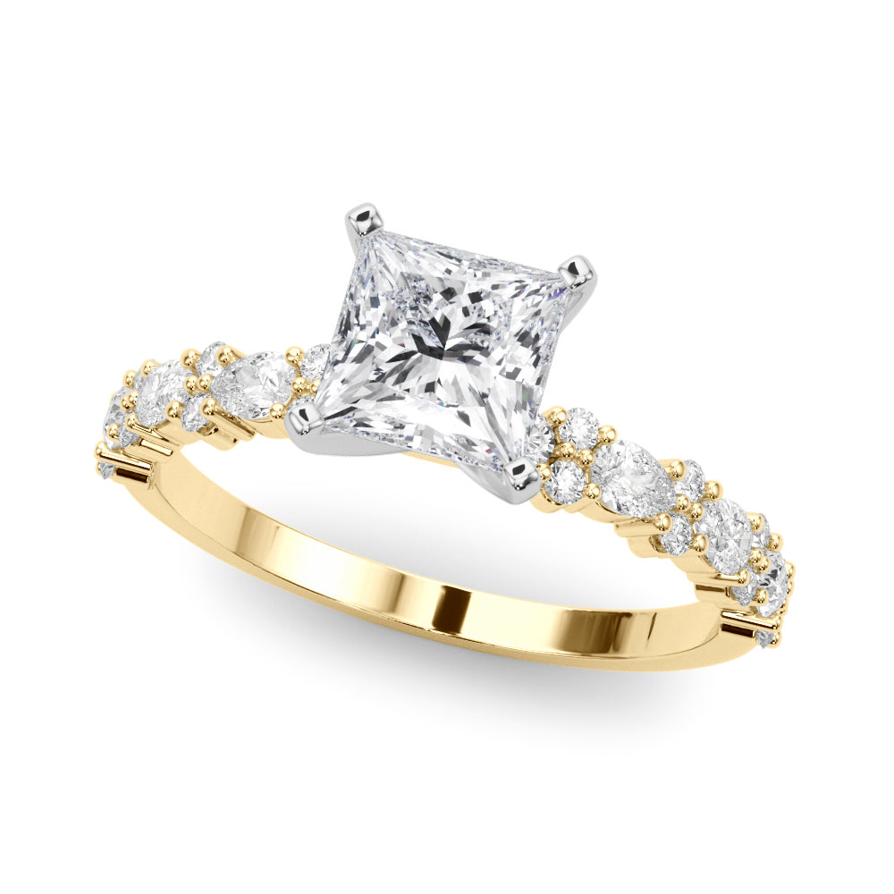 Yellow gold Princess Solitaire with Side Stones, Pave Band, Four-Prong Setting