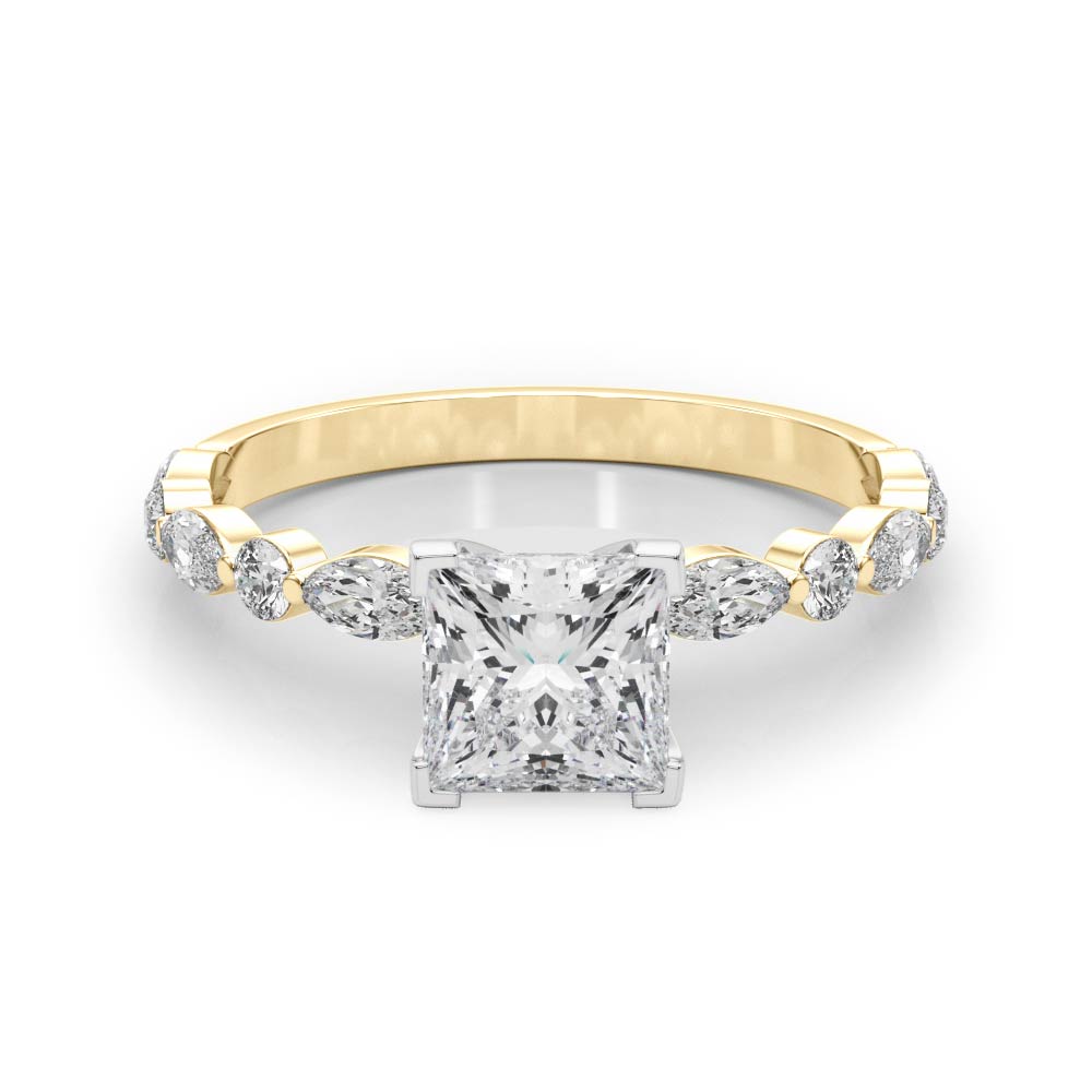 Yellow gold Princess Solitaire with Side Stones on a Pavé Band and Four-Prong Setting 1