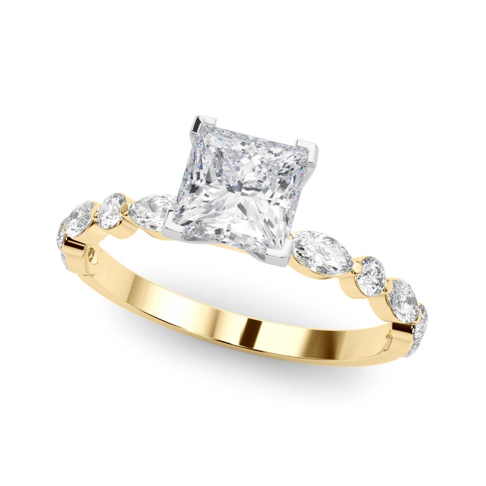 Yellow gold Princess Solitaire with Side Stones on a Pavé Band and Four-Prong Setting