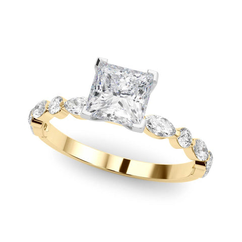 Yellow gold Princess Solitaire with Side Stones on a Pavé Band and Four-Prong Setting