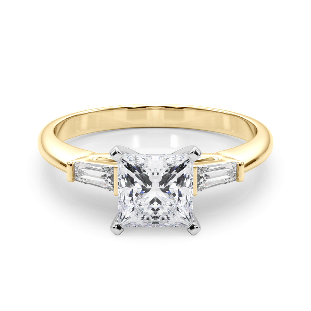 Yellow gold Princess Solitaire with Tapered Baguette Side Stones on a Classic Band with Four-Prong Setting 1