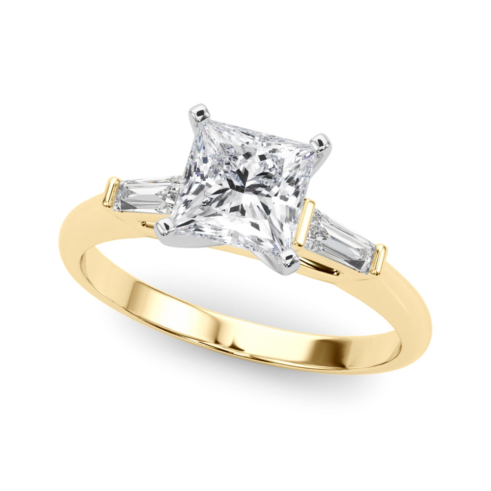 Yellow gold Princess Solitaire with Tapered Baguette Side Stones on a Classic Band with Four-Prong Setting