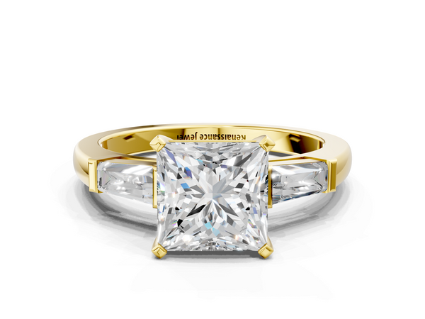 Yellow gold Princess Solitaire with Tapered Baguette Side Stones on a Classic Band with Four-Prong Setting