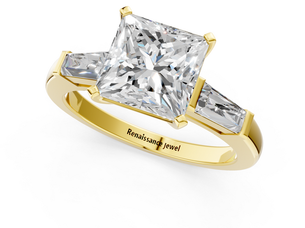 Yellow gold Princess Solitaire with Tapered Baguette Side Stones on a Classic Band with Four-Prong Setting