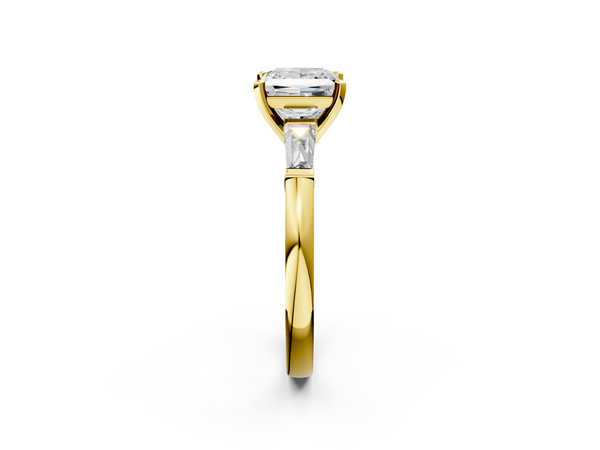 Yellow gold Princess Solitaire with Tapered Baguette Side Stones on a Classic Band with Four-Prong Setting