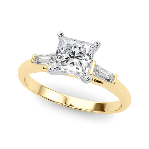 Yellow gold Princess Solitaire with Tapered Baguette Side Stones on a Classic Band with Four-Prong Setting