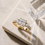 Yellow gold Princess Three-Stone Diamond Ring with Pavé Band and Four-Prong Setting_21